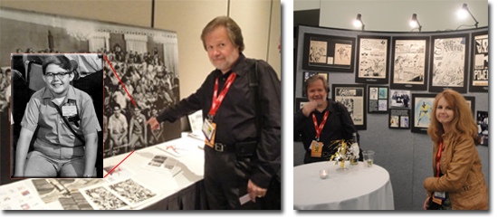 (Left) Bill G Wilson points out his youthful self at the 1969 Comic Art Convention Luncheon. (Right) Bill and Beth Wilson admire original comic fanzine art display!